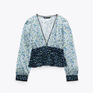 Zara Blue Floral Ruffle Hem Long Sleeve V Neck Crop Top | Blue | Size: S | Women